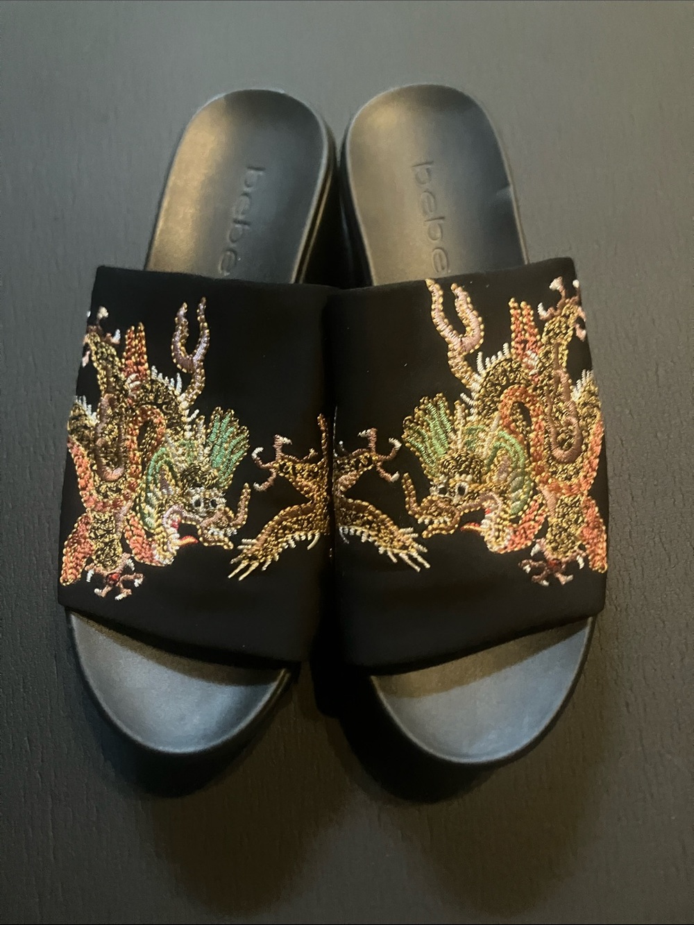 bebe Black Slides with Multicolor Dragon Embroidery